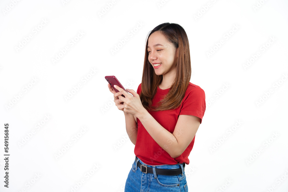 Received a good news, shock, surprise for discount or promotion on black friday , Pretty Asian people wearing red t-shirt for a woman isolated on white background. Received a good news, shock, surprise for discount or promotion on black friday , Pretty Asian people wearing red t-shirt for a woman isolated on white background.