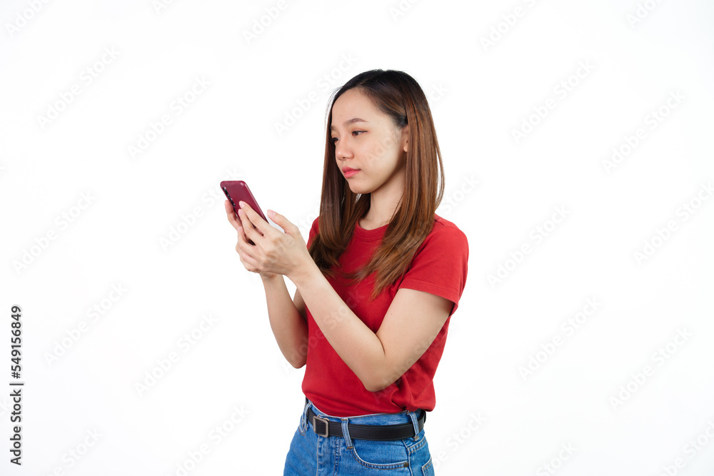 Received a good news, shock, surprise for discount or promotion on black friday , Pretty Asian people wearing red t-shirt for a woman isolated on white background. Received a good news, shock, surprise for discount or promotion on black friday , Pretty Asian people wearing red t-shirt for a woman isolated on white background.