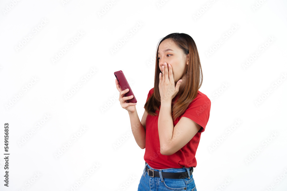 Received a good news, shock, surprise for discount or promotion on black friday , Pretty Asian people wearing red t-shirt for a woman isolated on white background. Received a good news, shock, surprise for discount or promotion on black friday , Pretty Asian people wearing red t-shirt for a woman isolated on white background.