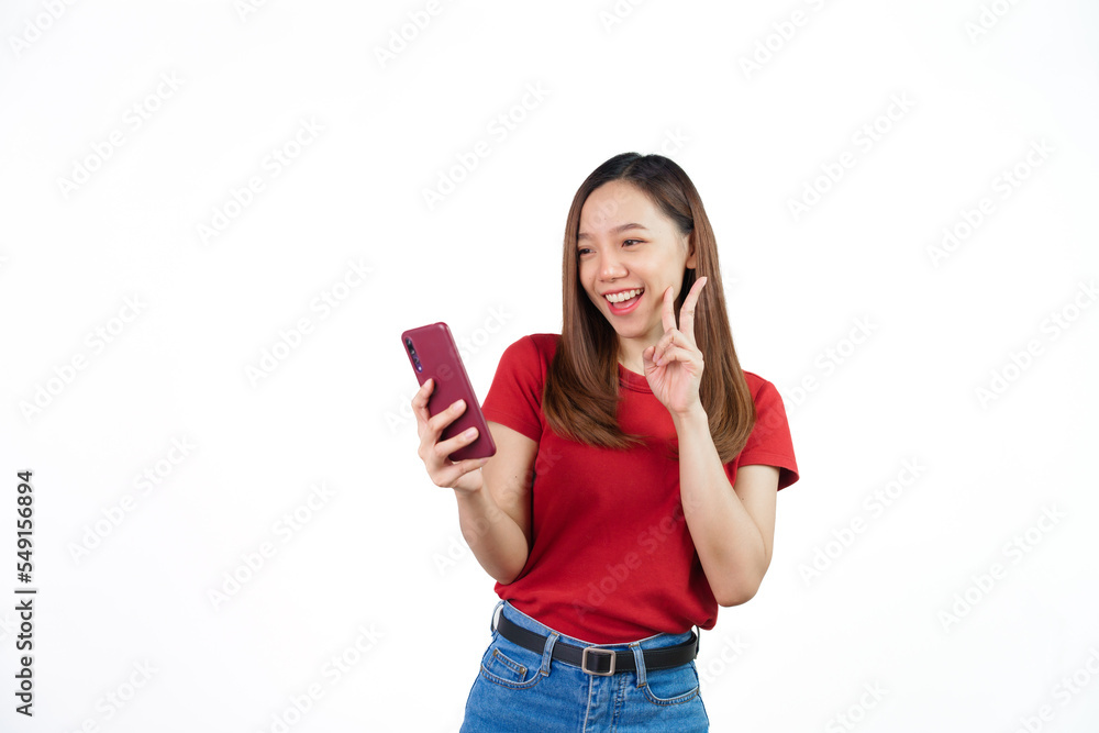Mobile video call or selfie , Pretty Asian people wearing red t-shirt for a woman isolated on white background. Mobile video call or selfie , Pretty Asian people wearing red t-shirt for a woman isolated on white background.