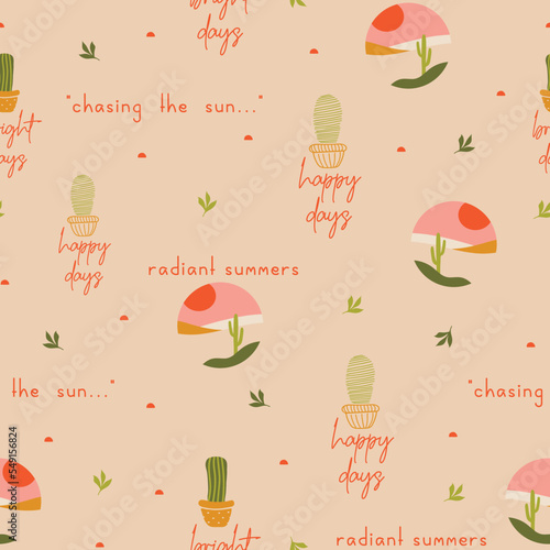Cute, summer, spring, conversational seamless pattern print, cactus, plants pots, succulent, floral print, tags, label, positive quotes, slogans, fabric, textile, tshirt, wrapping, girls, kids, women