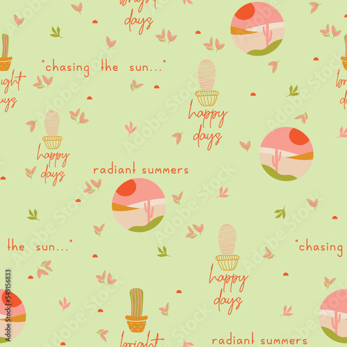 Cute, summer, spring, conversational seamless pattern print, cactus, plants pots, succulent, floral print, tags, label, positive quotes, slogans, fabric, textile, tshirt, wrapping, girls, kids, women