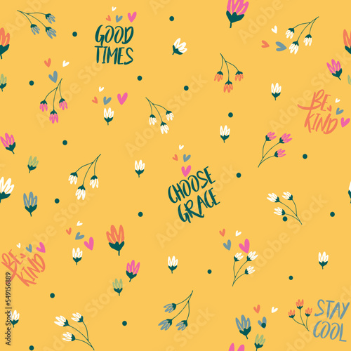 Cute, blue, thanksgiving, christmas, trendy ditsy conversational colorful positive letter and words seamless pattern print background with flowers, florals for fashion, textile, tshirt, girls, kids