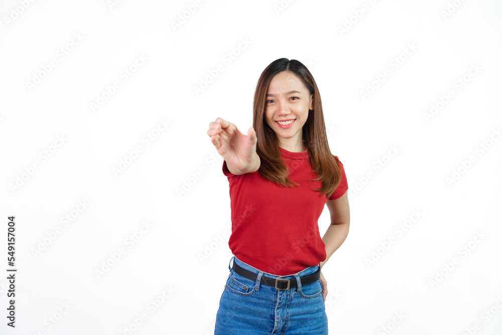 Pretend to hold can, Pretty Asian people wearing red t-shirt for a woman isolated on white background. Pretend to hold can, Pretty Asian people wearing red t-shirt for a woman isolated on white background.