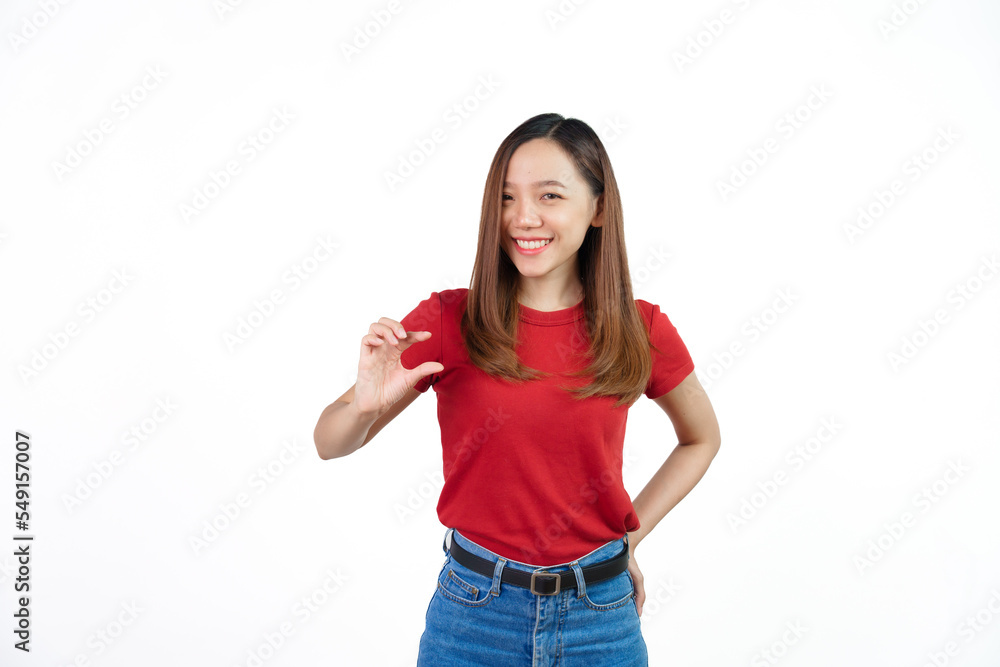 Pretend to hold small objects, Pretty Asian people wearing red t-shirt for a woman isolated on white background. Pretend to hold small objects, Pretty Asian people wearing red t-shirt for a woman isolated on white background.