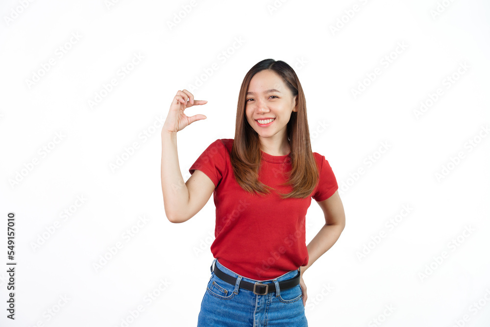 Pretend to hold small objects, Pretty Asian people wearing red t-shirt for a woman isolated on white background. Pretend to hold small objects, Pretty Asian people wearing red t-shirt for a woman isolated on white background.