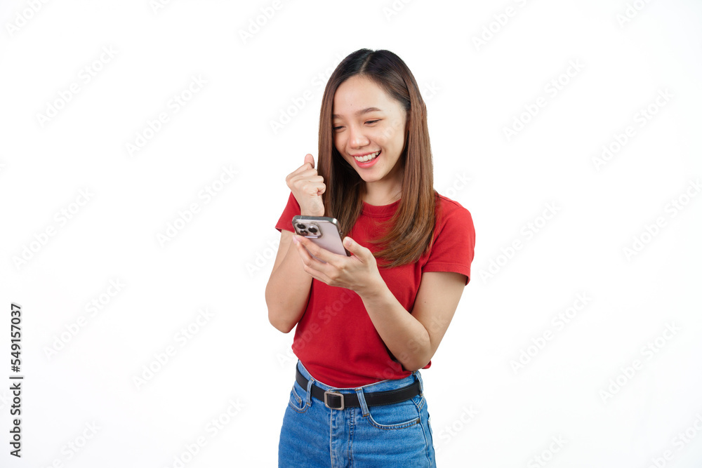 Using mobile, Pretty Asian people wearing red t-shirt for a woman isolated on white background. Using mobile, Pretty Asian people wearing red t-shirt for a woman isolated on white background.