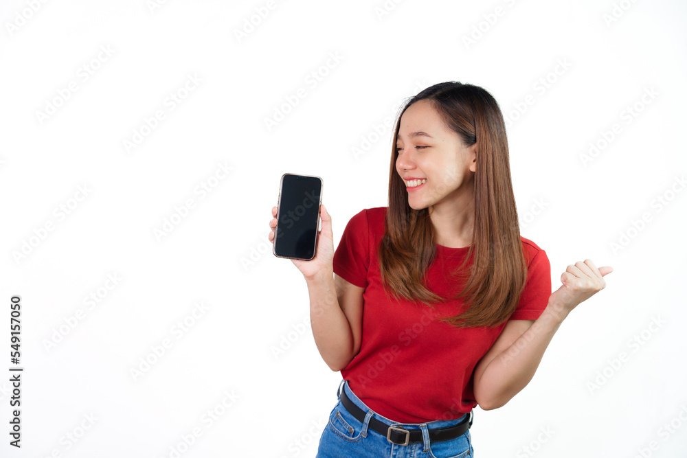 Showing mobile blank screen, Pretty Asian people wearing red t-shirt for a woman isolated on white background. Showing mobile blank screen, Pretty Asian people wearing red t-shirt for a woman isolated on white background.