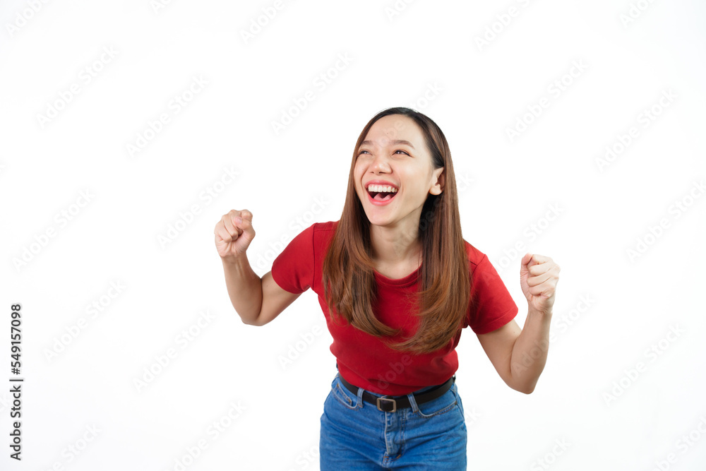 Pretty asian women soccer fans celebrating over white background isolated. Sports fan isolated young woman. Pretty asian women soccer fans celebrating over white background isolated. Sports fan isolated young woman.