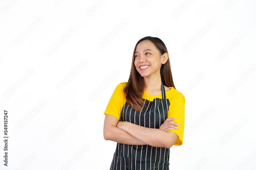Portrait of confident asian woman barista and food owner shop with yellow t-shirt and black apron standing on white background. Portrait of confident asian woman barista and food owner shop with yellow t-shirt and black apron standing on white background.