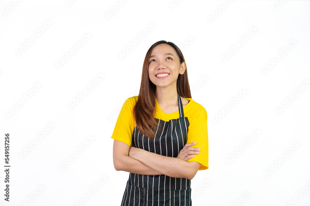 Portrait of confident asian woman barista and food owner shop with yellow t-shirt and black apron standing on white background. Portrait of confident asian woman barista and food owner shop with yellow t-shirt and black apron standing on white background.