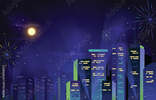 Happy New Year City Building Cityscape Fireworks Full Moon