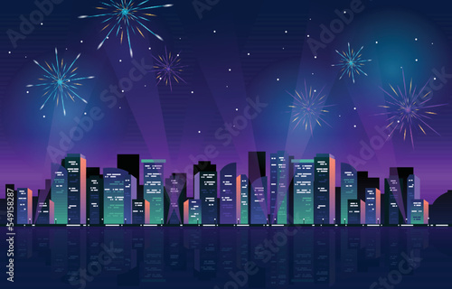 Happy New Year City Building Cityscape Fireworks Water Reflection