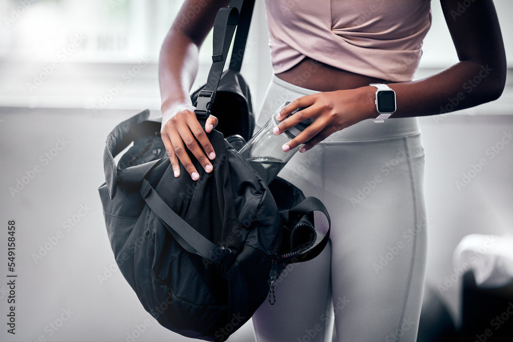 Woman gym and water bottle in bag hand and hydration at workout training and fitness class