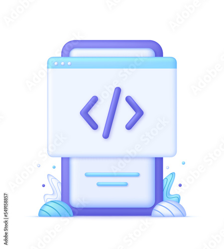 3D Web page and programming code icon on Phone. Development and software concept.