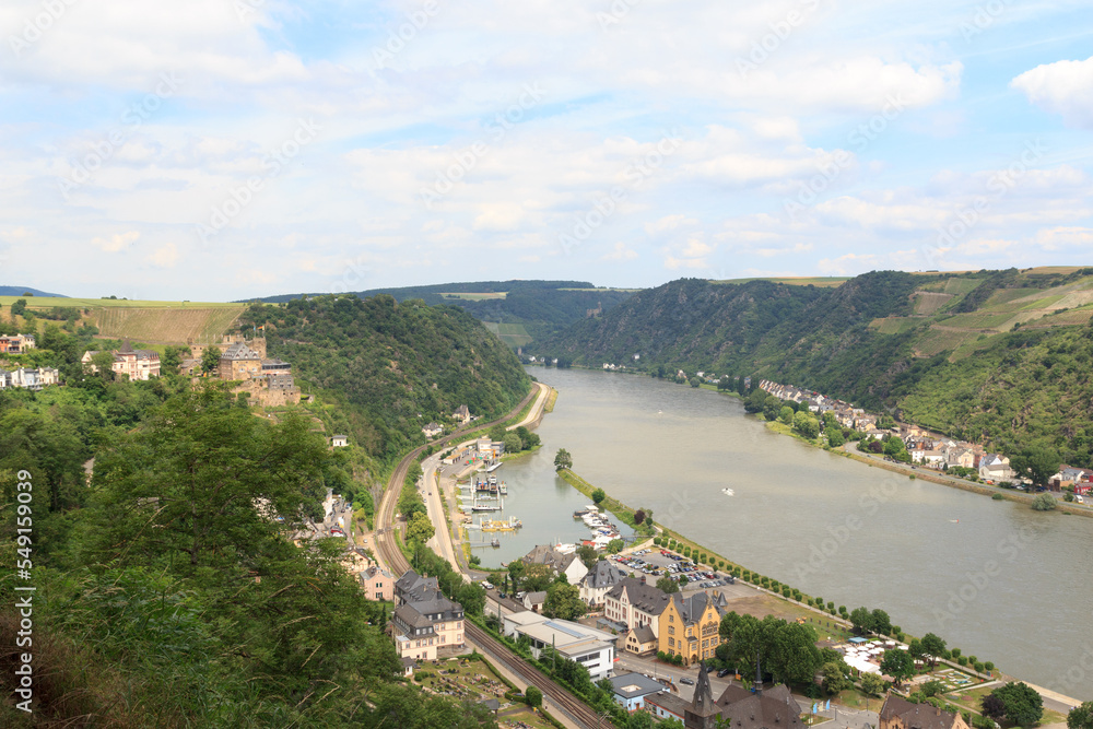 River Rhine gorge panorama with Rheinfels Castle in St. Goar, Germany