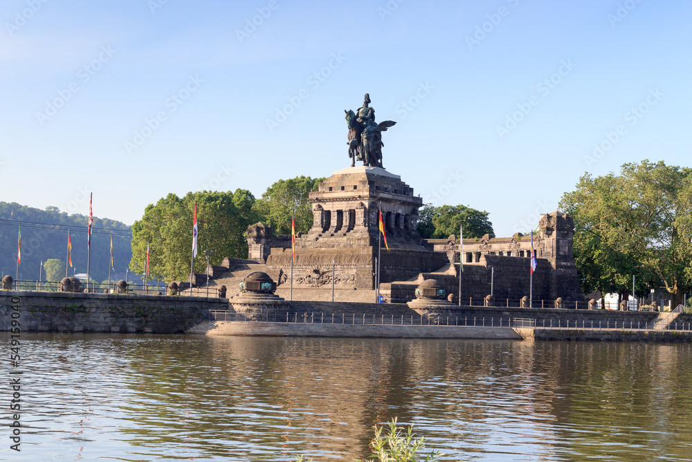 Deutsches Eck (German Corner) between Rhine and Moselle river with Emperor William monument statue in Koblenz, Germany
