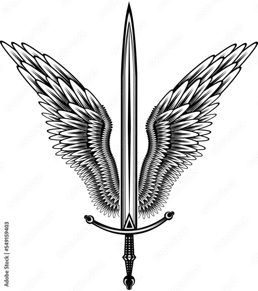 Sword with wings. Guard. Design element for logo, label, emblem, sign ...