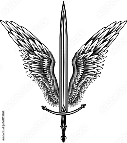 Sword with wings. Guard. Design element for logo, label, emblem, sign, badge and tattoo