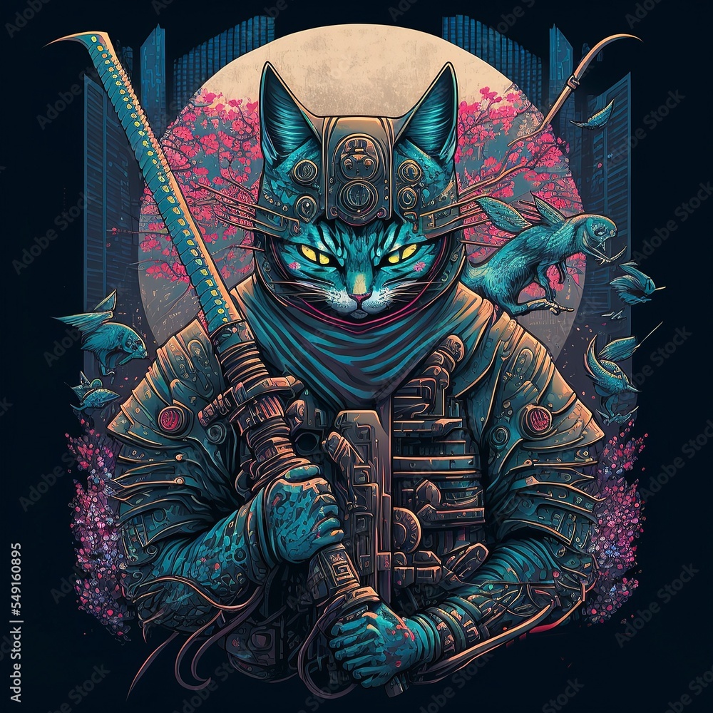 Cyberpunk cat samurai japan for tshirt, Cat Silhouette Illustration for t- shirt, sweater, jacket. isolated in black background Иллюстрация Stock |  Adobe Stock