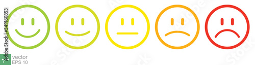 Set of five outline faces different moods. Feedback emoticon icon, good rating, bad rating, negative, positive, neutral sign. Green to red. Vector illustration isolated on white background. EPS 10.