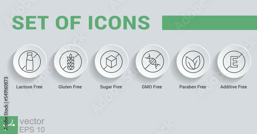 Set of common allergens icon. Simple outline style. Gluten free, lactose free, GMO free, Paraben, food additive, sugar free. Thin line vector illustration isolated. EPS 10.