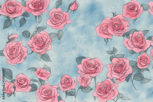 Illustration digital watercolor flowers roses pink pattern background 
