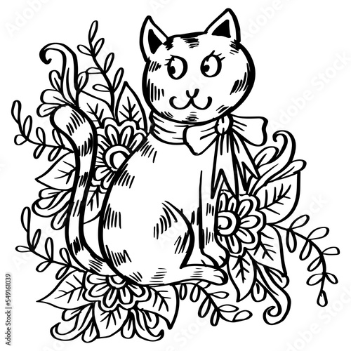 Fototapeta Naklejka Na Ścianę i Meble -  Cute cat cartoon with floral element.