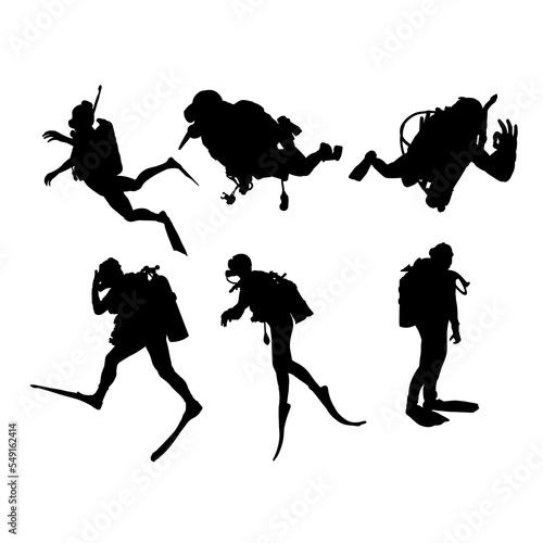 Set of silhouettes of scuba diving people