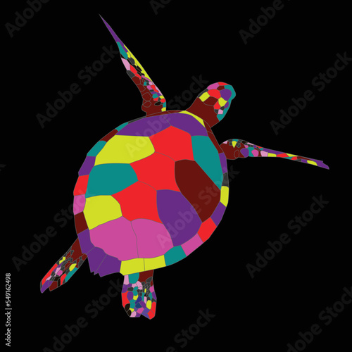 Colorful sea turtle stock illustration on black background.