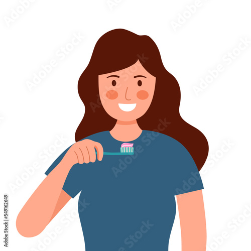 Woman brushing teeth in the bathroom in flat design. Female cleaning teeth to prevent tooth decay. Dental care.