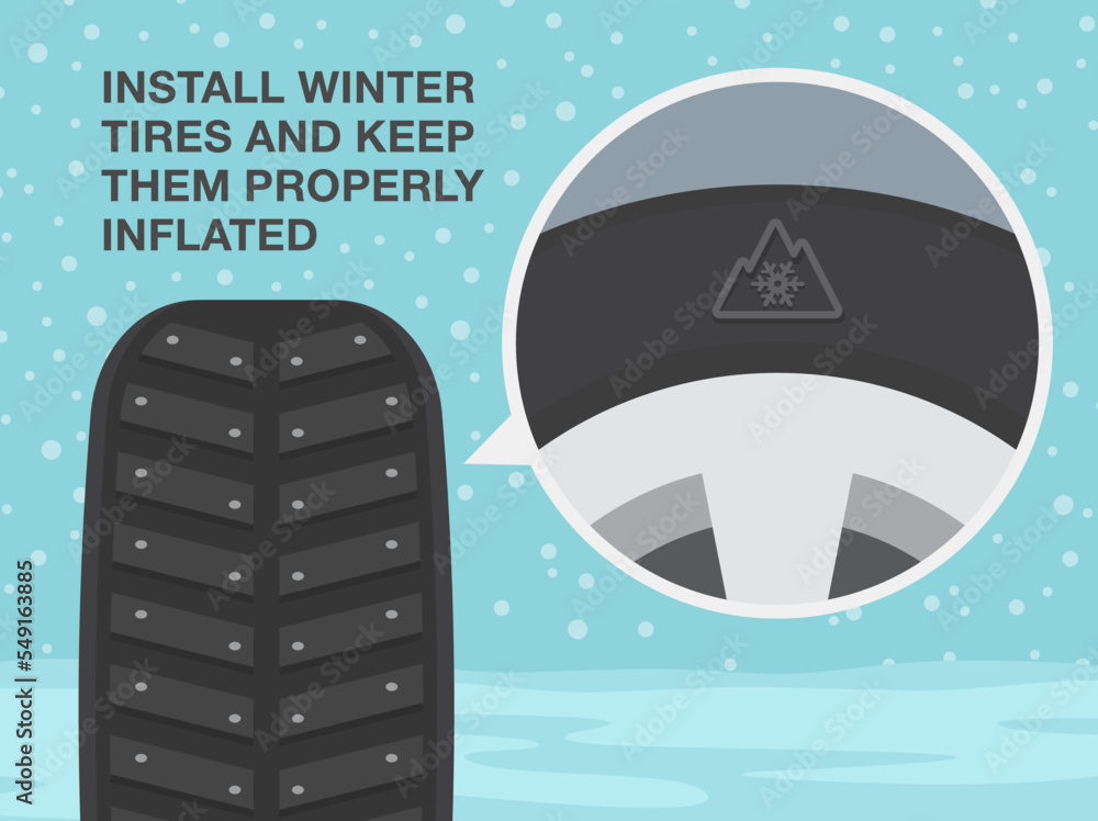 Safe driving rules and tips. Winter season driving. Closeup of studded