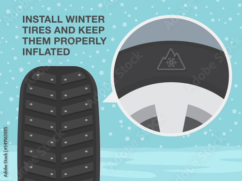 Safe driving rules and tips. Winter season driving. Close-up of studded winter tire. Install winter tires and keep them properly inflated. Flat vector illustration template.