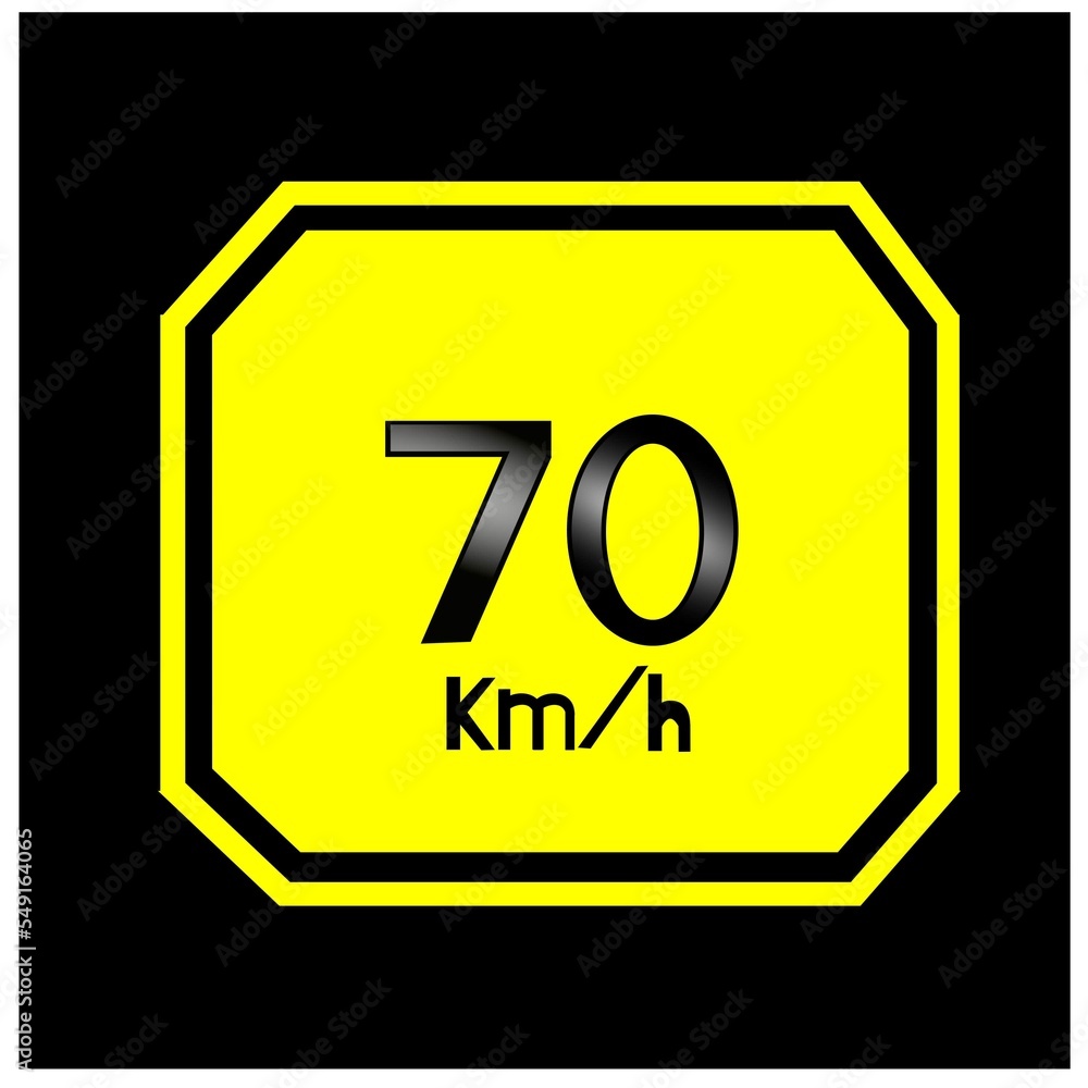 Signpost maximum speed 70 kilometers per hour.Banner black background with yellow octagon sign. Signpost maximum speed 70 kilometers per hour.Banner black background with yellow octagon sign.