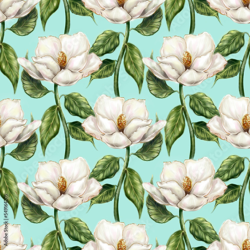 Beautiful pearly white ivory Magnolia flower leaf branch plant computer graphic digital watercolor art seamless pattern background
