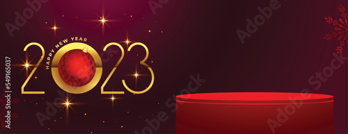 2023 new year wishes banner with 3d podium for product display
