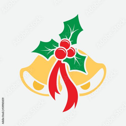 Golden Christmas bells with red bow and holly berry set. Christmas backround. Vector illustration