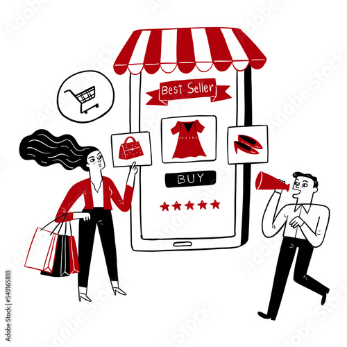 Pretty woman shopping online with mobile phone a man shouting through megaphone to promoting or selling.