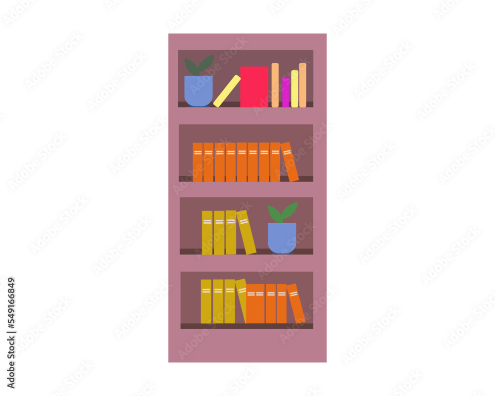Books Rack with books and decorative home flowerpot, wooden shelve with textbooks vector illustration. Books Rack with books and decorative home flowerpot, wooden shelve with textbooks vector illustration.
