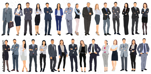 Vector illustration of group of business people standing. Diverse business people standing, men and women full length. Inclusive business concept. Vector illustration isolated on white background. 