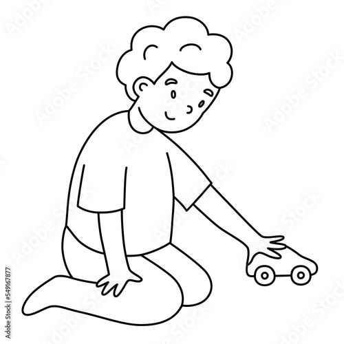 Little boy playing with toy car, eco toys icon, vector illustration of toddler in playroom, doodle for kindergarten and nursery, baby boy, isolated outline clipart on white background