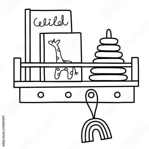Scandi nursery shelves, wall shelf icon, vector illustration of storage for children books and toys, doodle giraffe toy, boho playroom decor, isolated outline clipart on white background