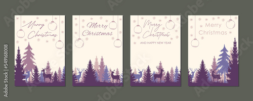set of artistic christmas forest landscape with deers, collection of purple and pink printable holiday greeting card templates, tags, social media stories