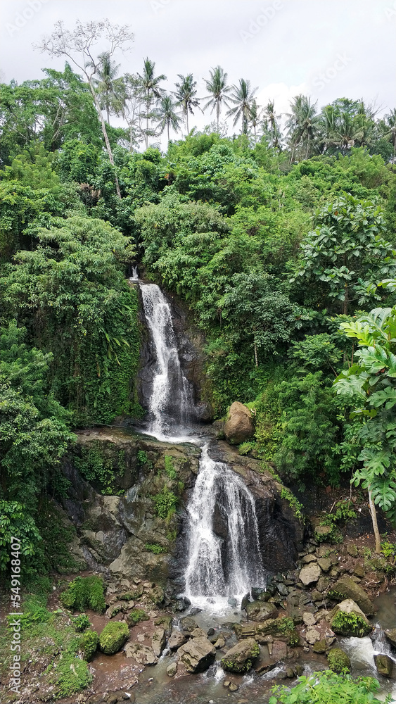 A waterfall in the tropical jungle. Water running down a rocky cliff