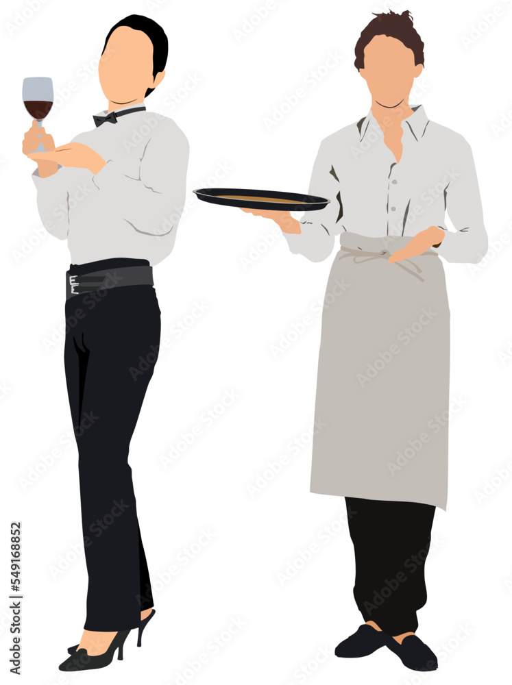 Illustration of pair of waitress standing together.