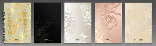 Elegant cover set. Abstract rose pattern, painted floral motif, stamp style. Stylish brochure, glossy backgrounds: gold, black and pastel colors.