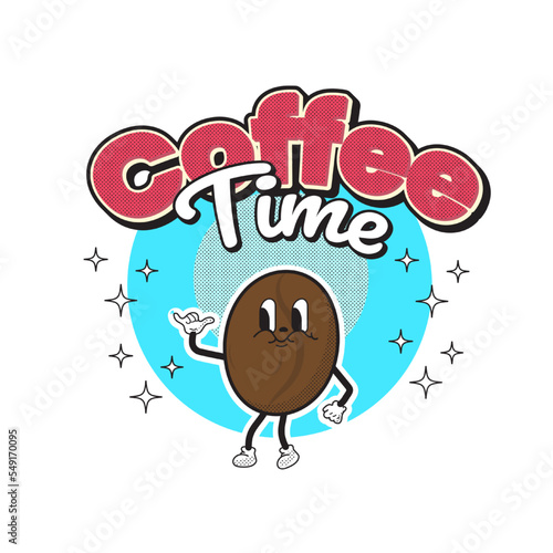 70s Retro Cute Cartoon Character Illustration. Coffee Time Slogan for Poster or T-Shirt Print Design. Vector