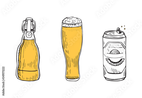 Collection of beer in sketch style. Hand drawings in art ink style. Black and white graphics.
