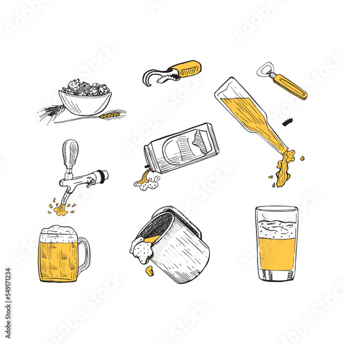 Collection of beer in sketch style. Hand drawings in art ink style. Black and white graphics.