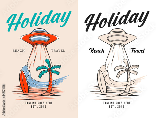 Alien ufo holiday on the beach vector illustration design with hand drawing style